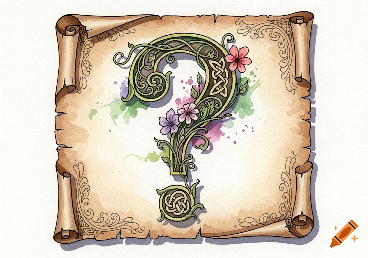A decorative, medieval-style question mark with Celtic knotwork and flowers on a textured watercolor scroll.
