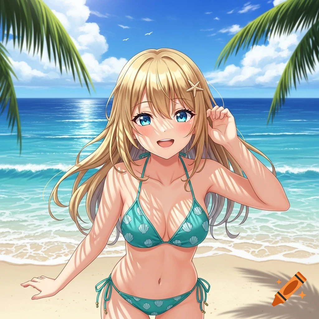 Smiling anime girl with blonde hair in a teal bikini on a sunny beach with ocean and palm trees.
