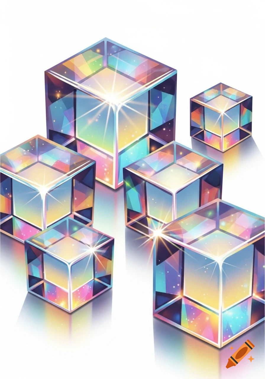 Six iridescent rainbow-colored cubes with sparkling highlights are scattered on a white background.
