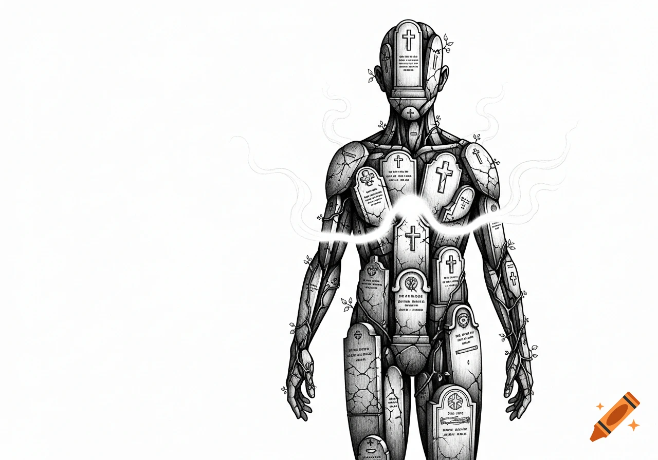 Black and white drawing of a human-like figure composed entirely of tombstones, with subtle wisps of smoke.