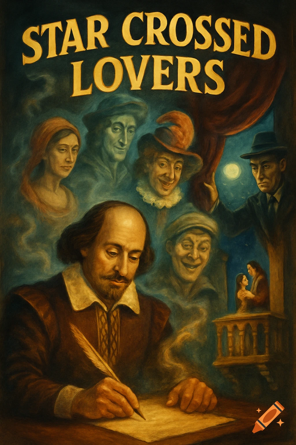 Oil painting of William Shakespeare writing, surrounded by ghostly figures and a theatrical balcony scene, with the title 'STAR CROSSED LOVERS'.