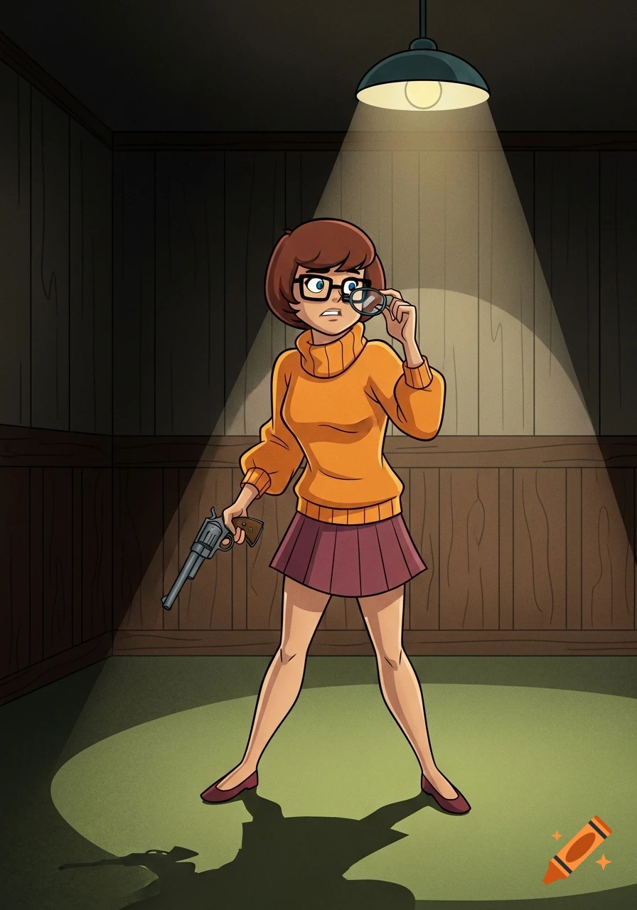 Cartoon Velma Dinkley holds a revolver and her glasses, looking intently into a spotlight in a dark room.