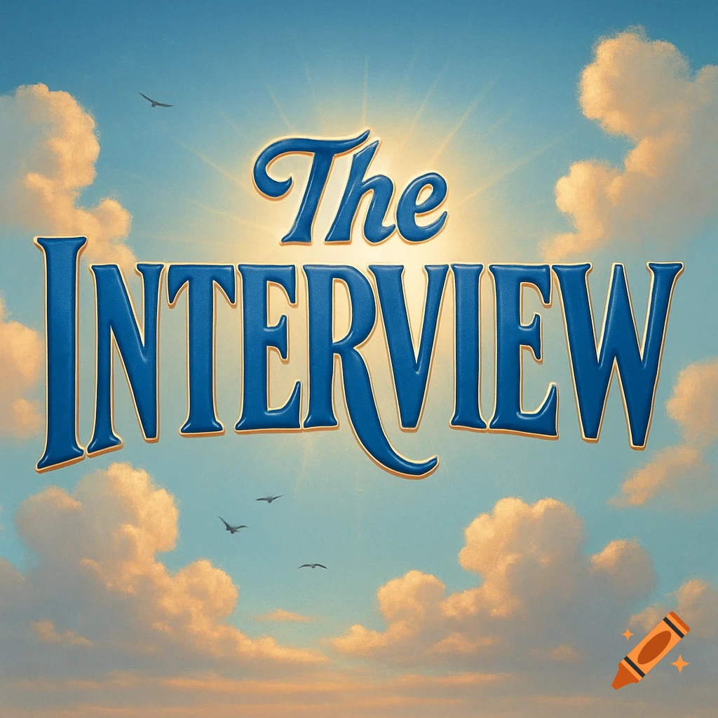 Blue stylized text "The INTERVIEW" against a bright blue sky with sun rays and fluffy clouds, with small birds flying.