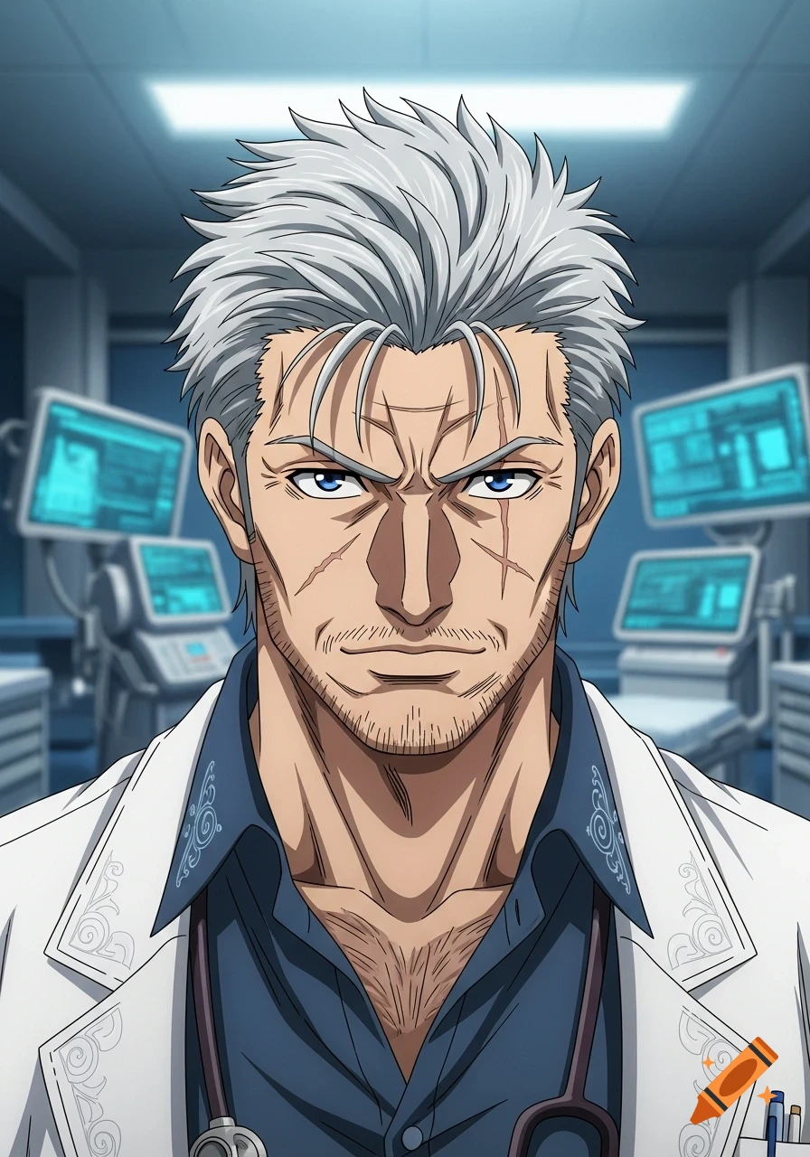 A serious male anime doctor with grey hair and facial scars, wearing a white lab coat and stethoscope, stands in a hospital room.