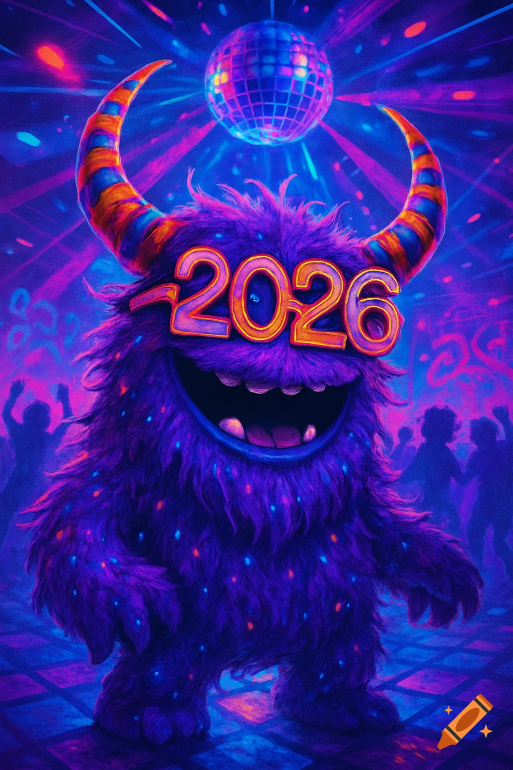 A vibrant illustration of a hairy purple monster with striped horns and "2026" glasses at a neon disco, with a disco ball above.