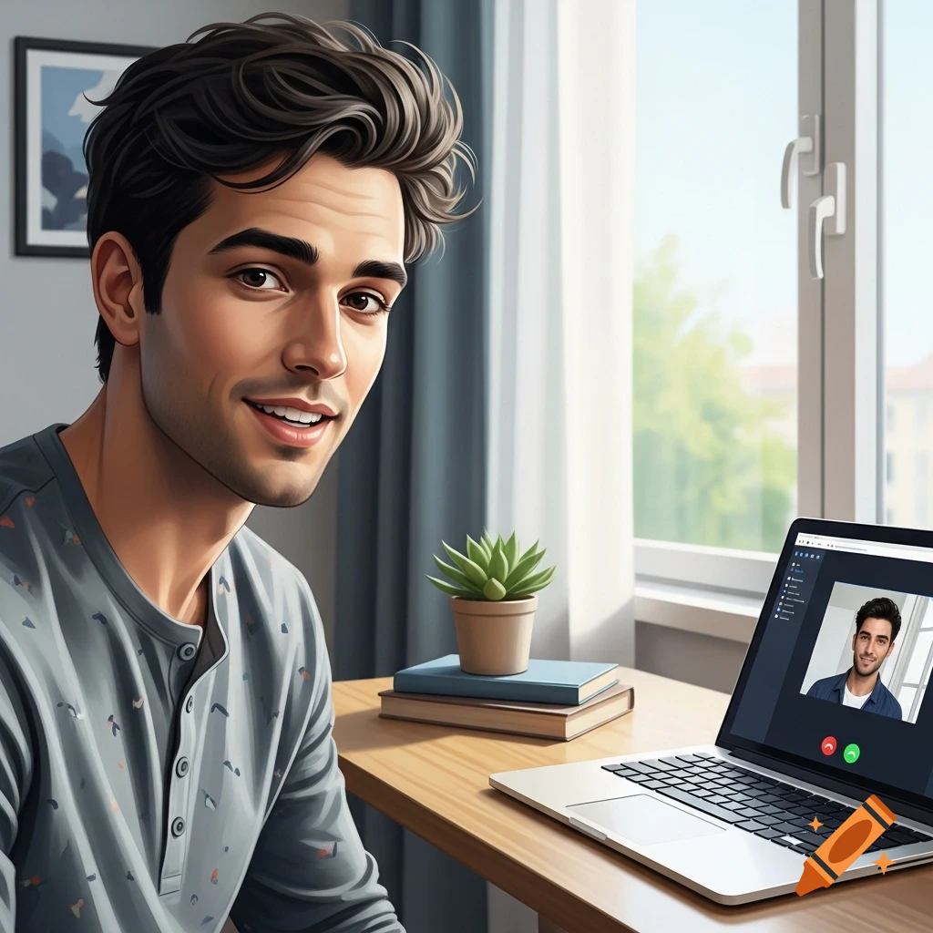 A smiling stylized young man sitting at a desk with a laptop, on a video call, near a window.