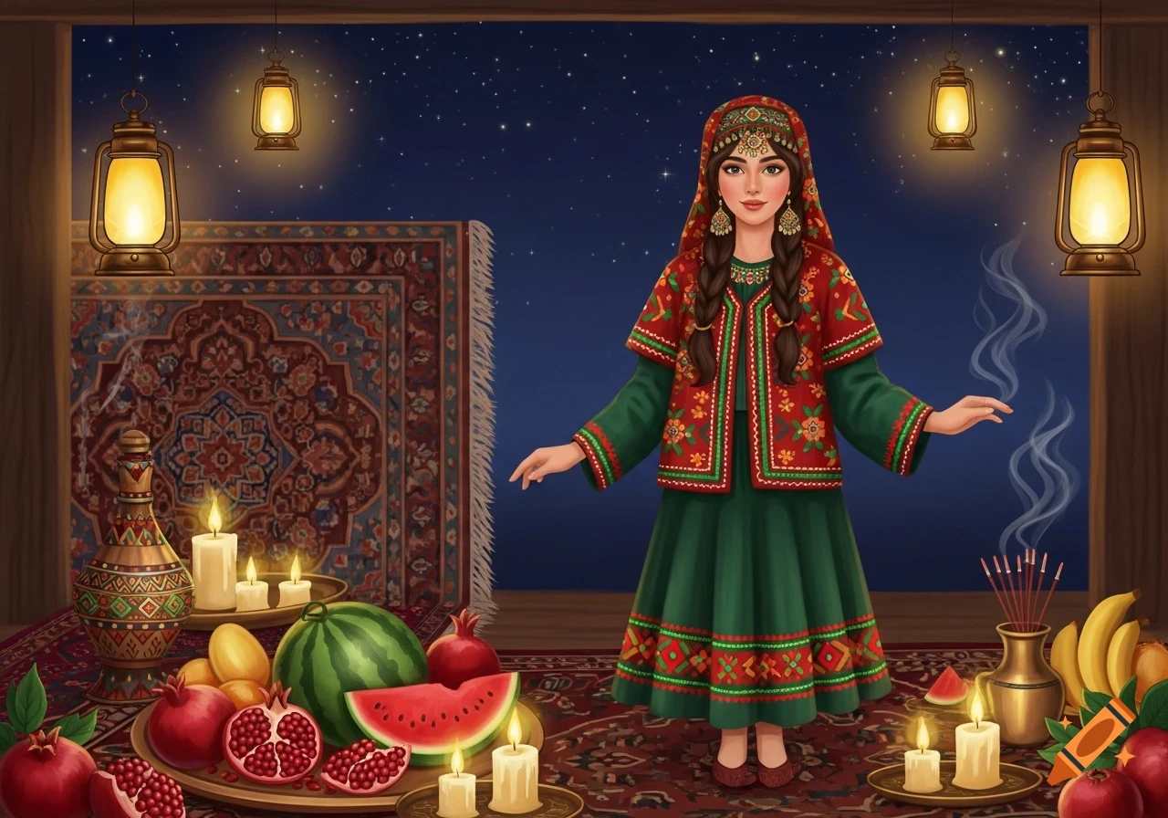 A girl in traditional attire stands amidst a Yalda Night celebration with pomegranates, watermelon, candles, and lanterns under a starry sky in an illustration.
