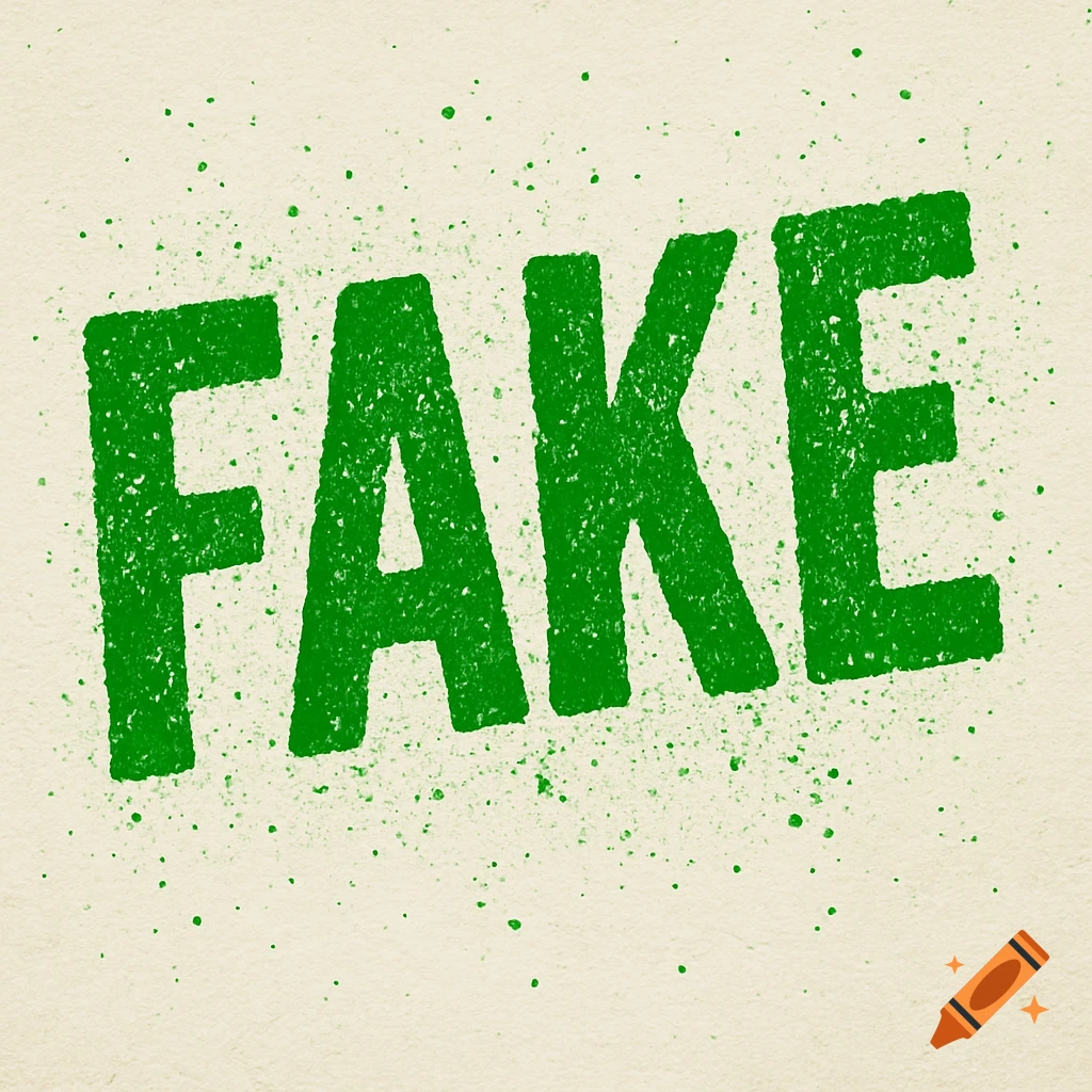 The word 'FAKE' in distressed green letters with spray paint splatters on a light textured background.