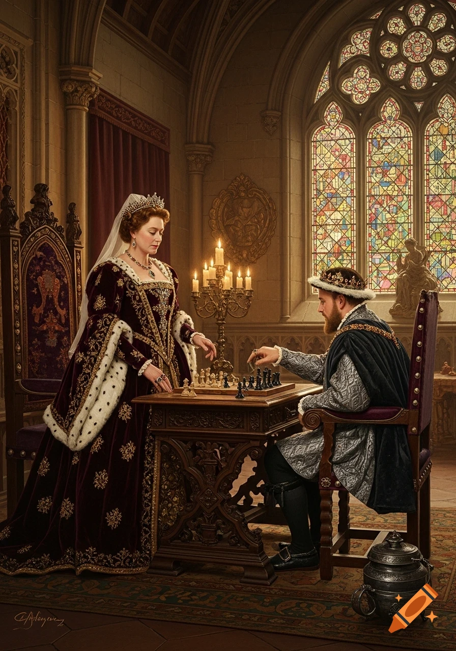 A queen in a burgundy gown and a king in silver attire play chess at a candlelit table in a grand hall with stained glass windows, in a photorealistic oil painting style.