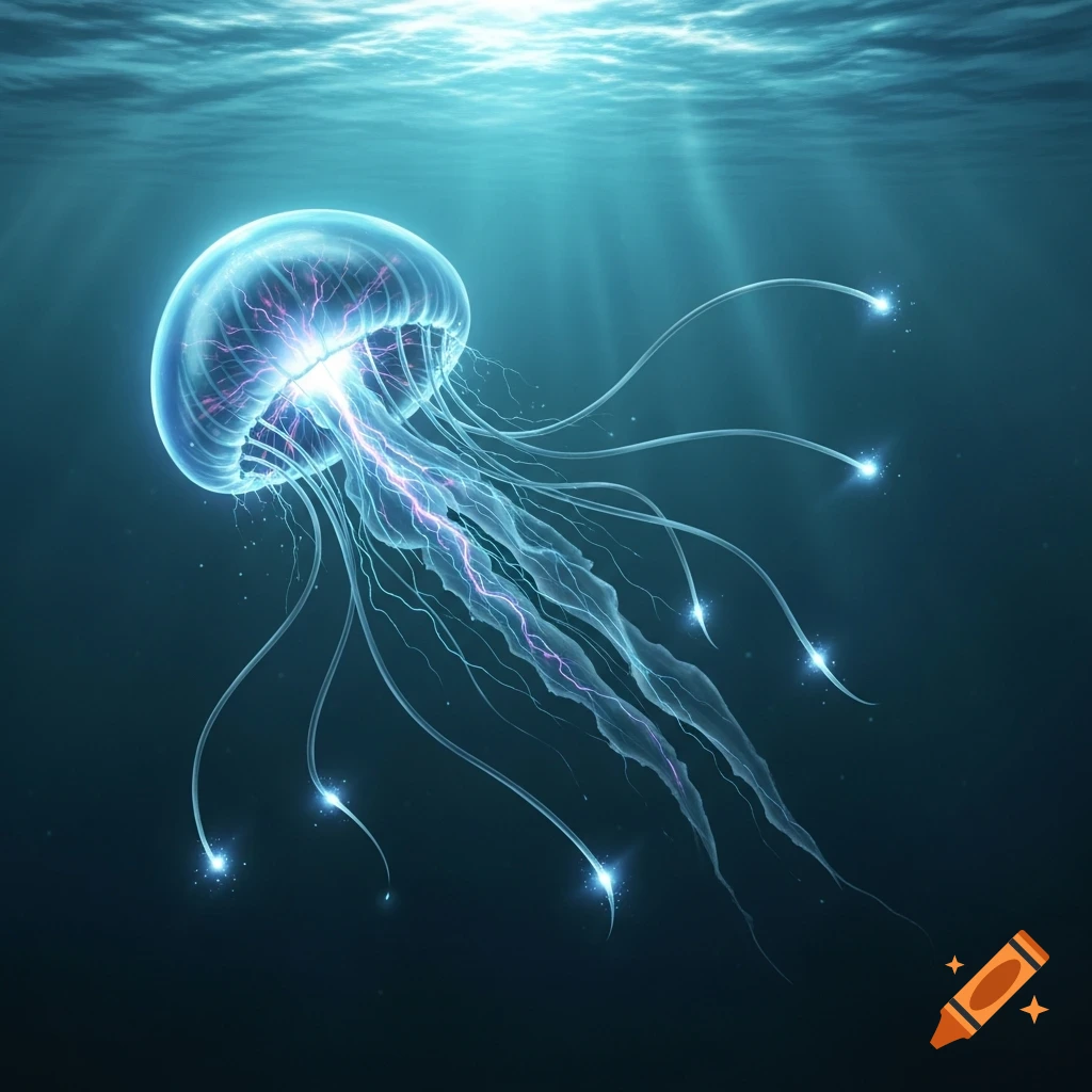 A glowing, translucent blue jellyfish with internal electric plasma and sparkling tendrils floats in dark water with light rays above.
