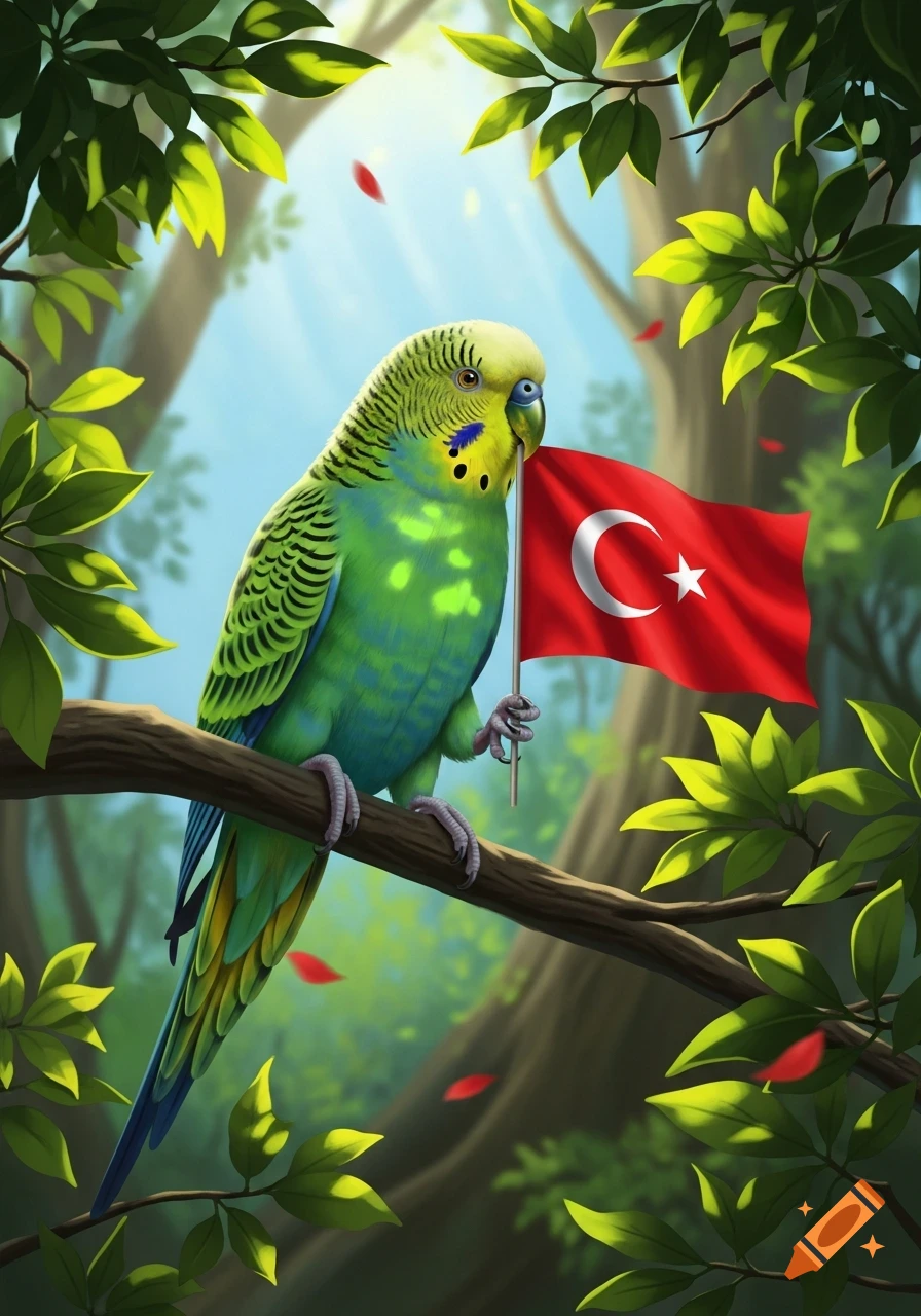 A vibrant green and yellow budgerigar perches on a branch, holding a small Turkish flag in its claw in a lush forest setting.