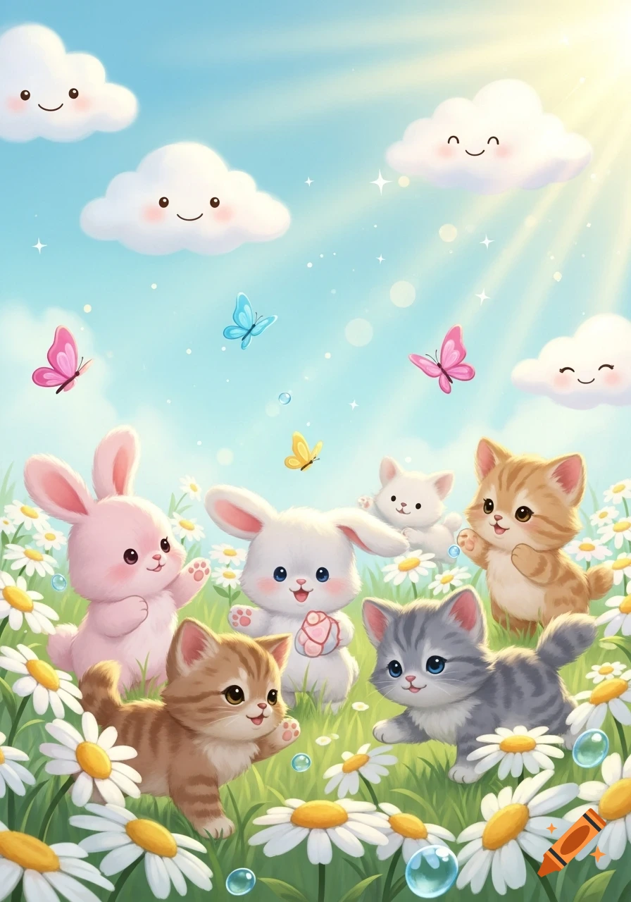 Cute cartoon bunnies and kittens play in a field of daisies under a sunny sky with smiling clouds and butterflies.