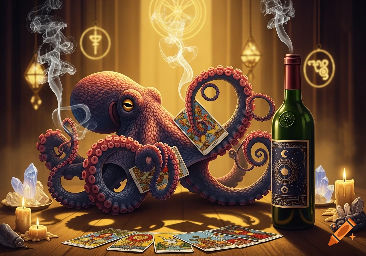 A fantasy octopus plays with tarot cards on a wooden table, with candles, crystals, smoke, and a wine bottle in a spiritual setting.