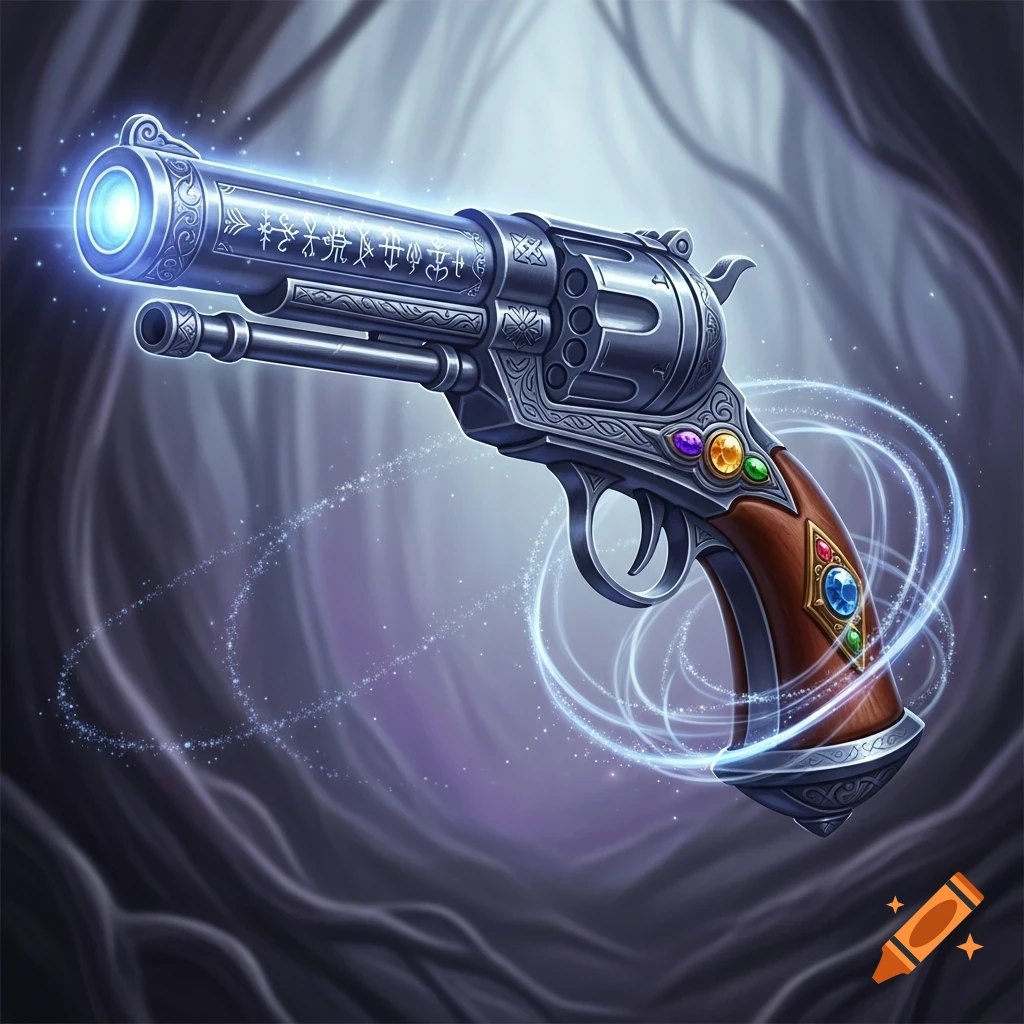 A stylized, glowing magic revolver adorned with colorful gems and ornate runes, surrounded by swirling magical energy against a dark, mystical background.