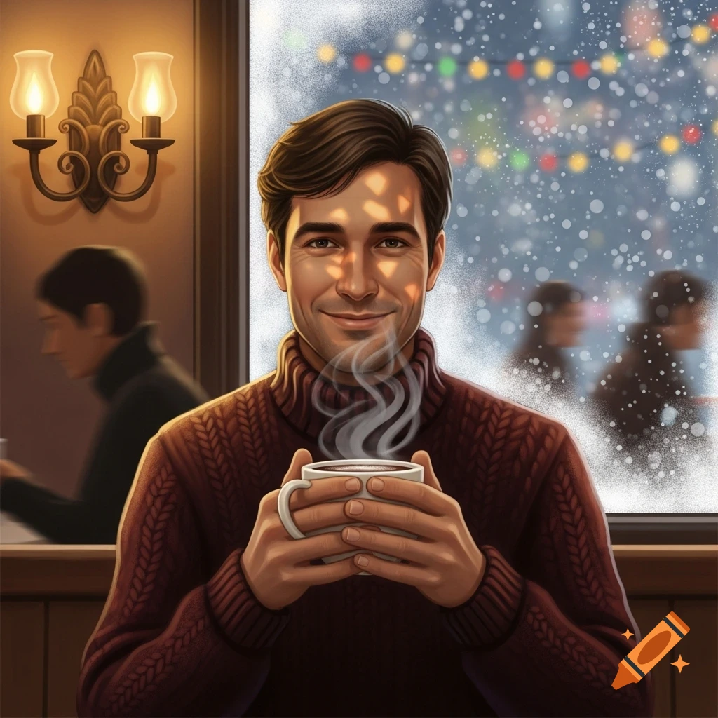 Smiling man in a cozy sweater holding a steaming cup of hot cocoa, with snow and festive lights outside a window.