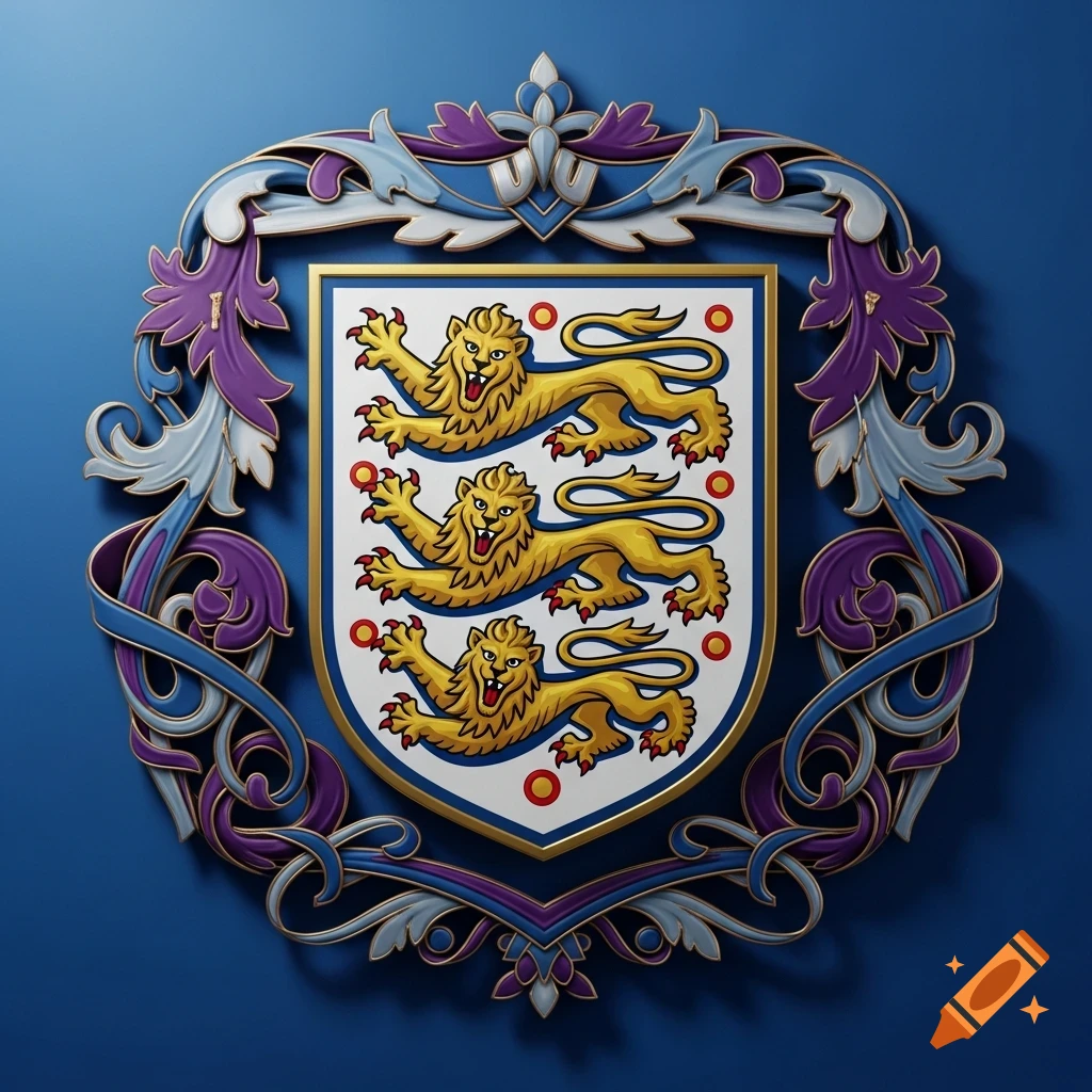 Ornate England coat of arms with three golden lions on a white shield, framed by purple and blue scrolls on a deep blue background.