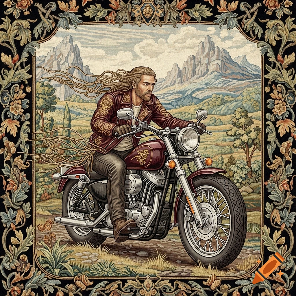 A long-haired biker on a motorcycle rides through a mountainous landscape, depicted in the style of an ornate ancient tapestry.