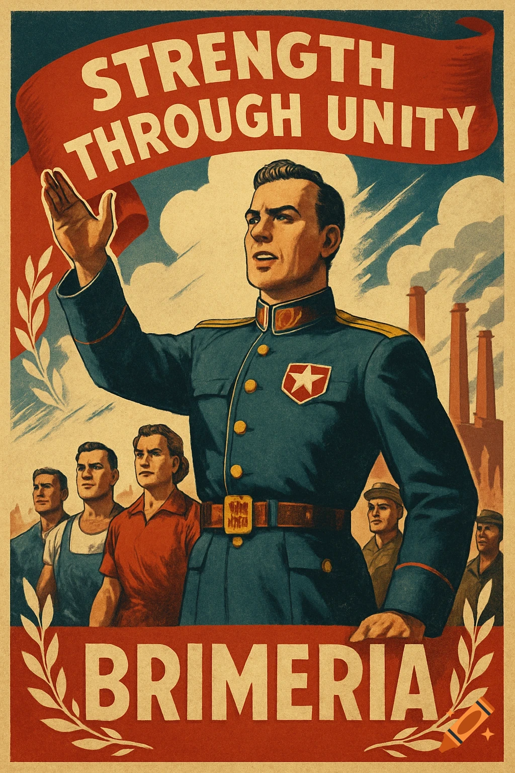 Vintage propaganda poster of a man in military uniform saluting, with workers behind him, banner reads 'Strength Through Unity' and 'Brimeria'.