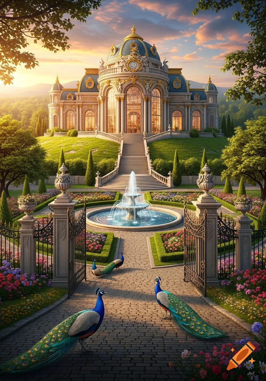A majestic mansion with a domed roof and grand staircase overlooks formal gardens with a fountain and peacocks under a sunset sky.