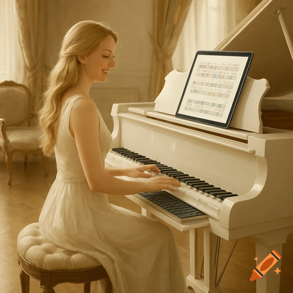 A smiling woman with long blonde hair plays a white grand piano with a computer keyboard mounted below the keys, looking at sheet music on an iPad in a formal room.