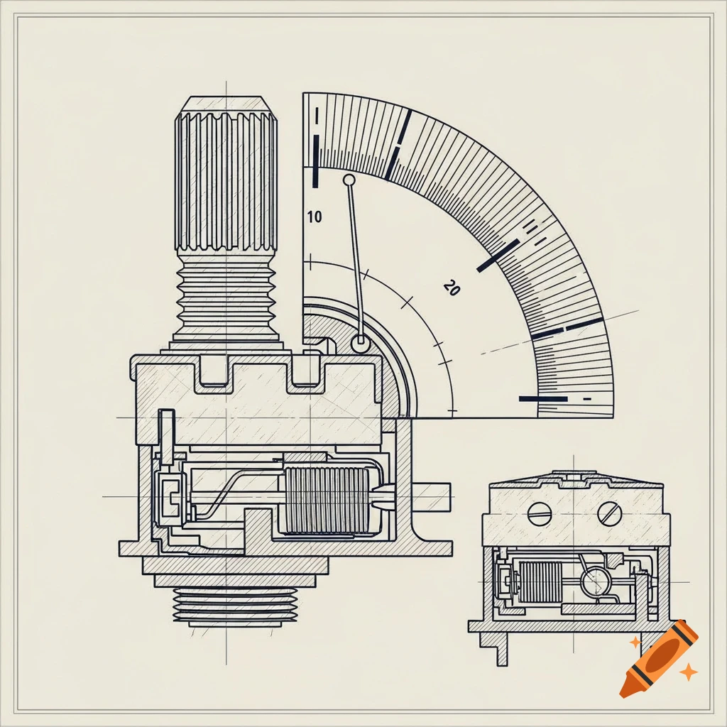 Blueprint diagram of a potentiometer in cross-section with a dial indicating numbers 10 and 20, and a smaller front view.