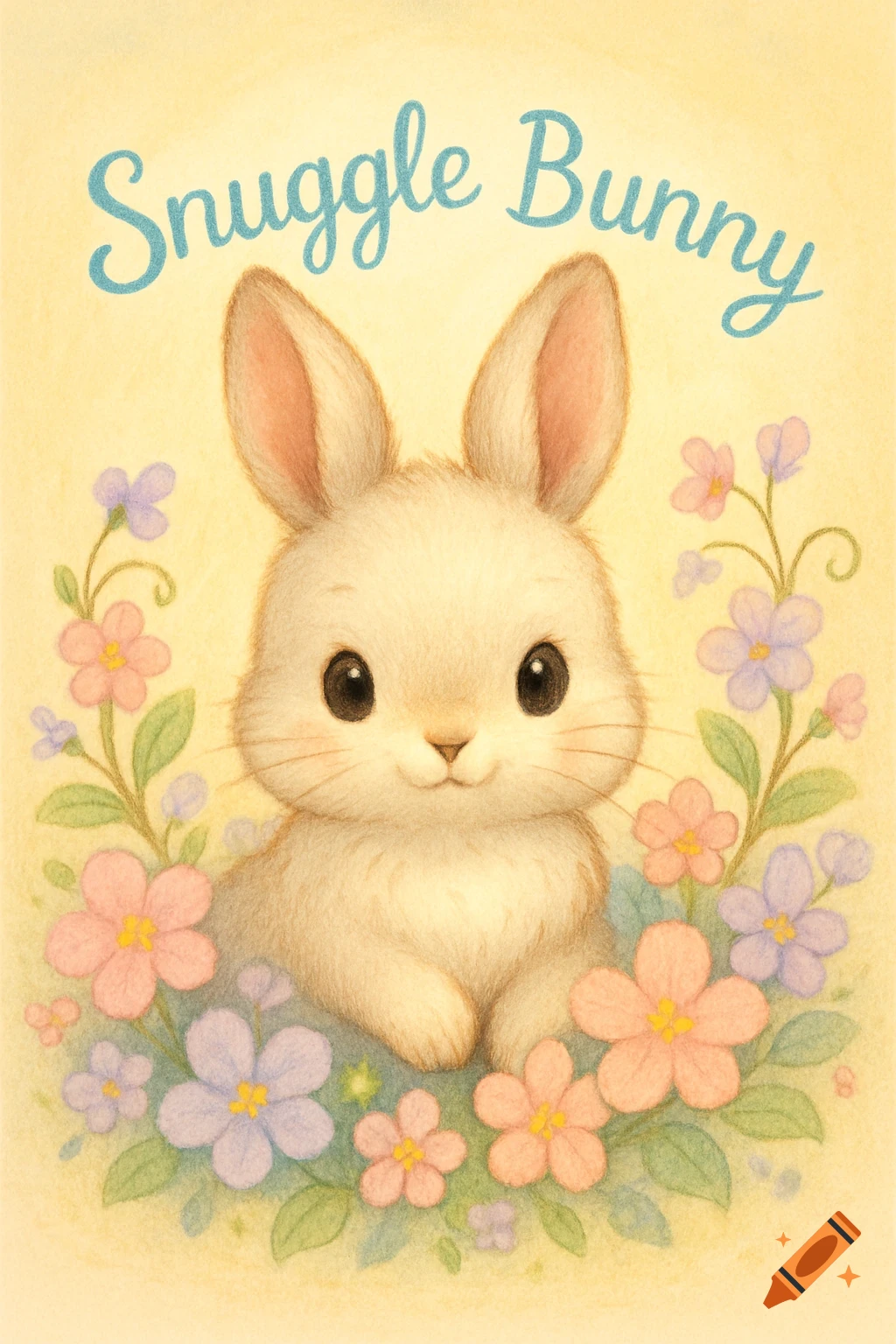 A cute baby bunny with large black eyes sits among pastel flowers under the text 'Snuggle Bunny' in a soft, colored pencil illustration.