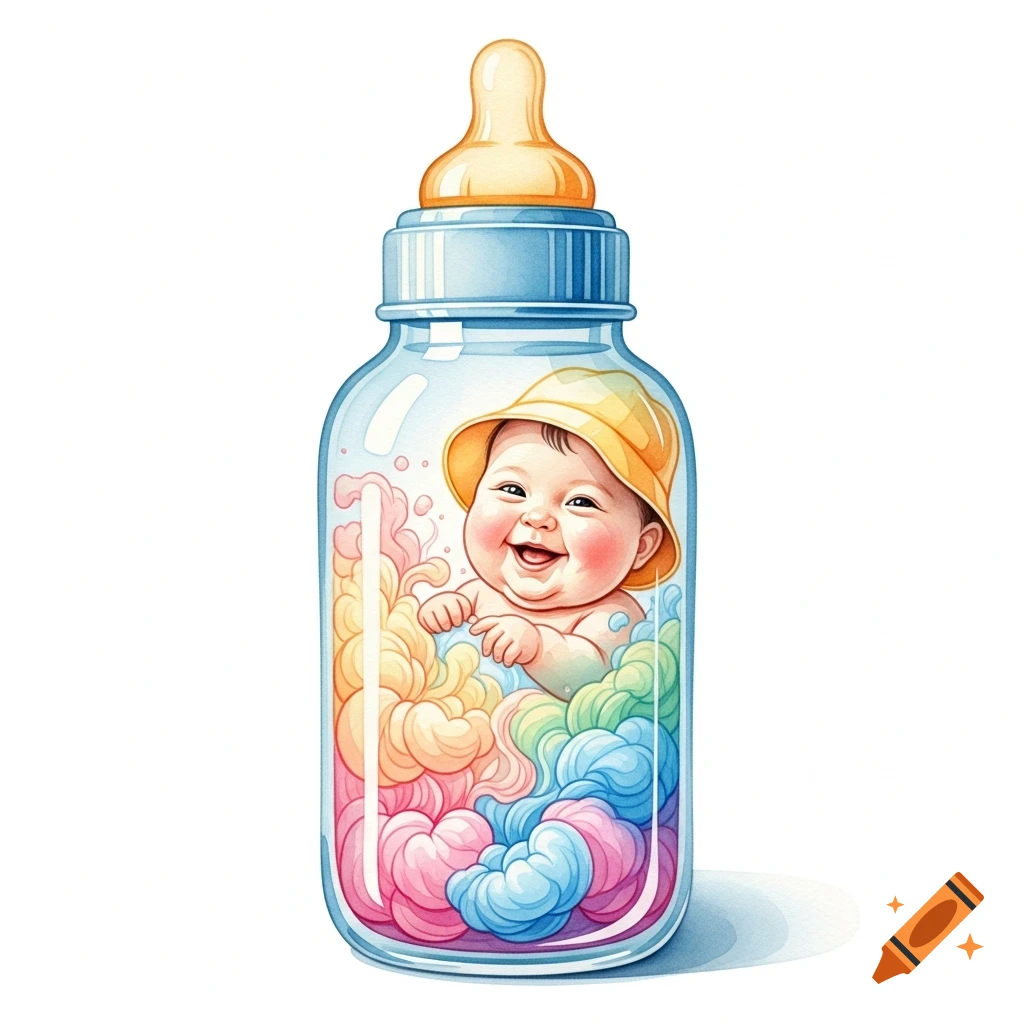 Happy baby in a yellow hat inside a baby bottle with pastel clouds, watercolor style.