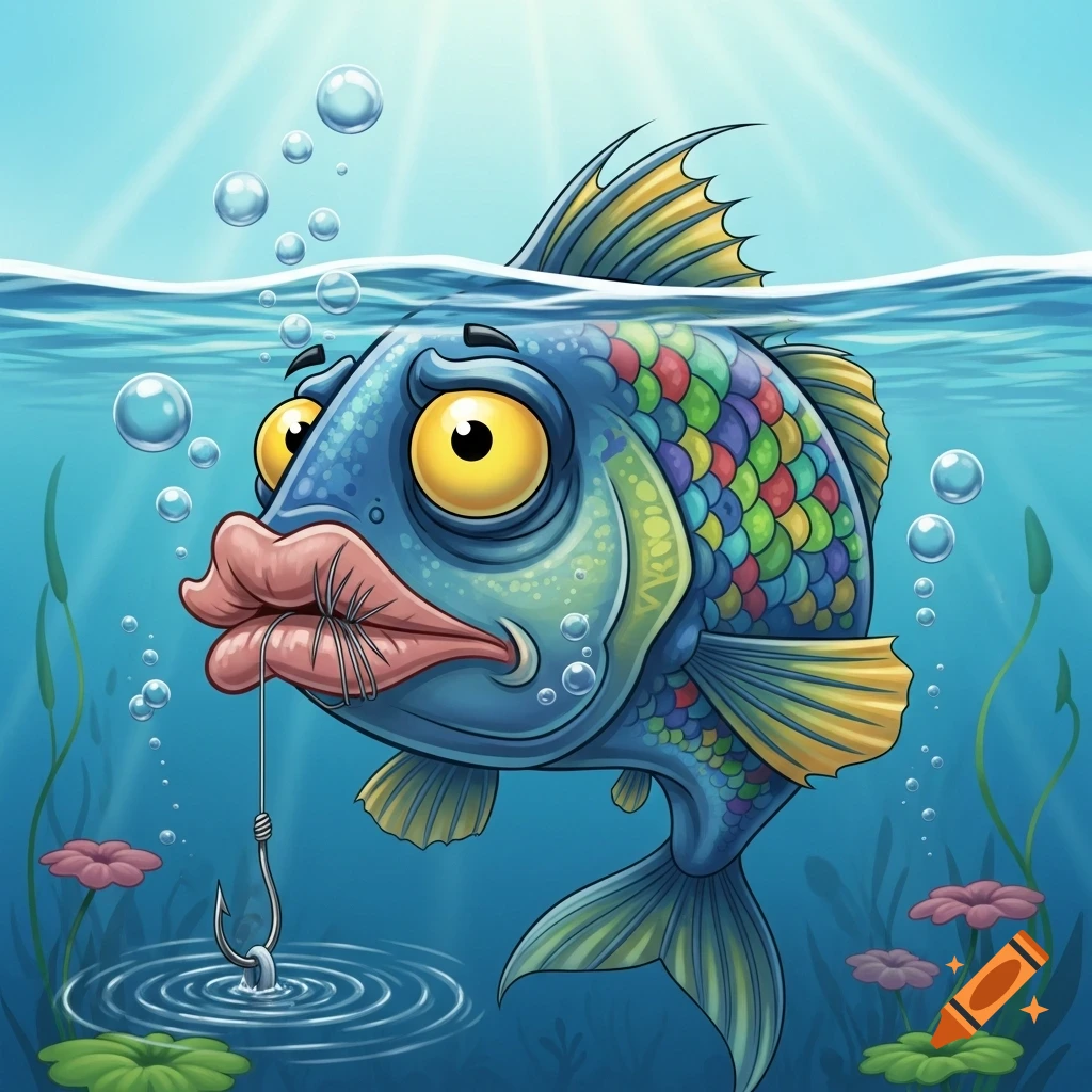 A cartoon blue fish with large pink lips and big yellow eyes is caught by a fishing hook in its mouth, underwater with bubbles.