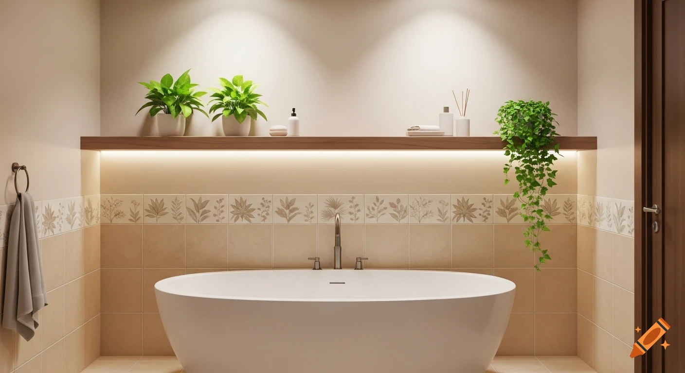Modern bathroom with a freestanding oval bathtub, a wooden shelf with LED lighting, potted plants, and an ivy plant.