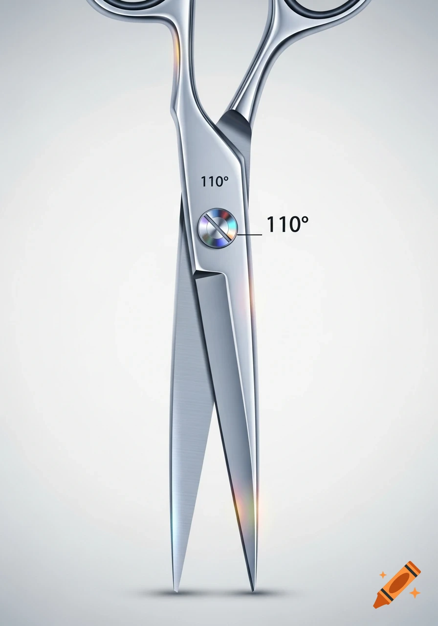 Close-up of shiny metal scissors with blades open at 110 degrees, with the number '1100' clearly visible on the blade.