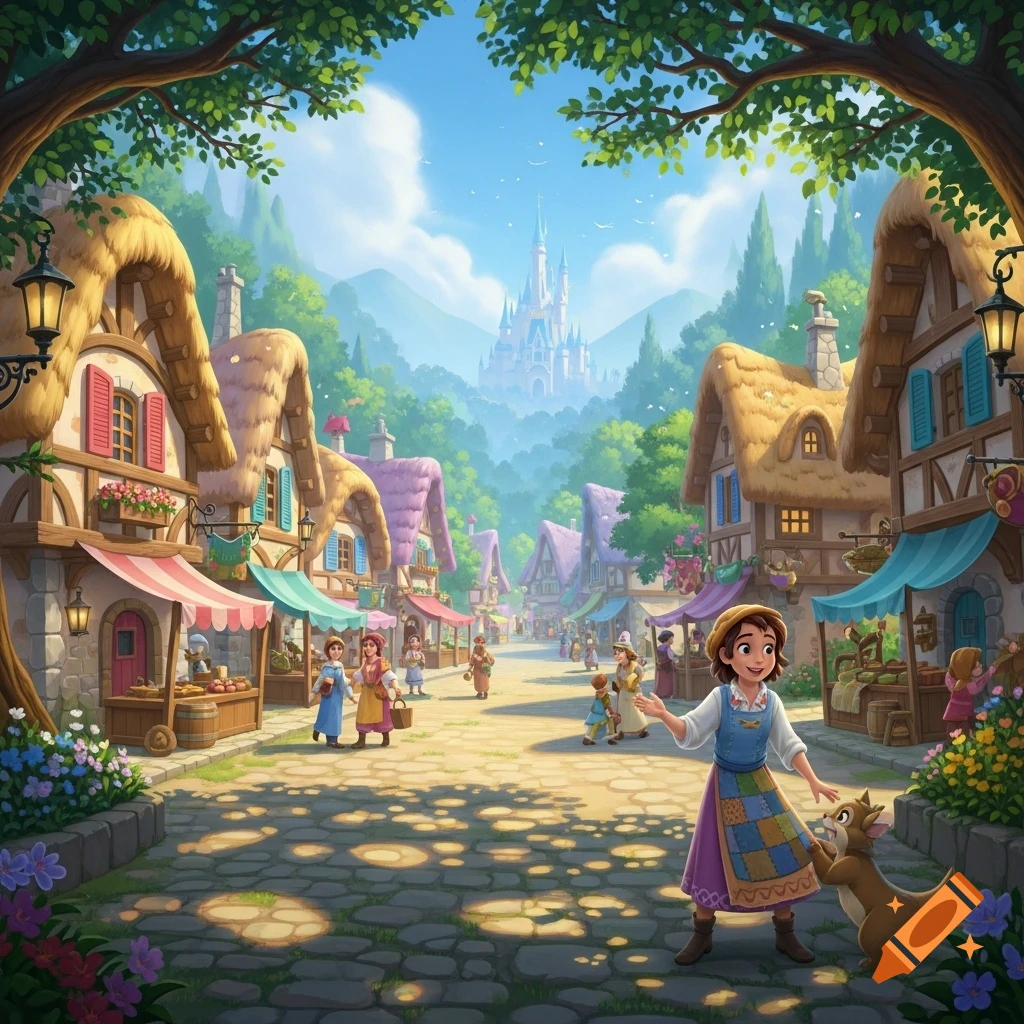 A vibrant cartoon village street with a cheerful girl and a dog, shops, and a distant castle under a blue sky, in Disney style.