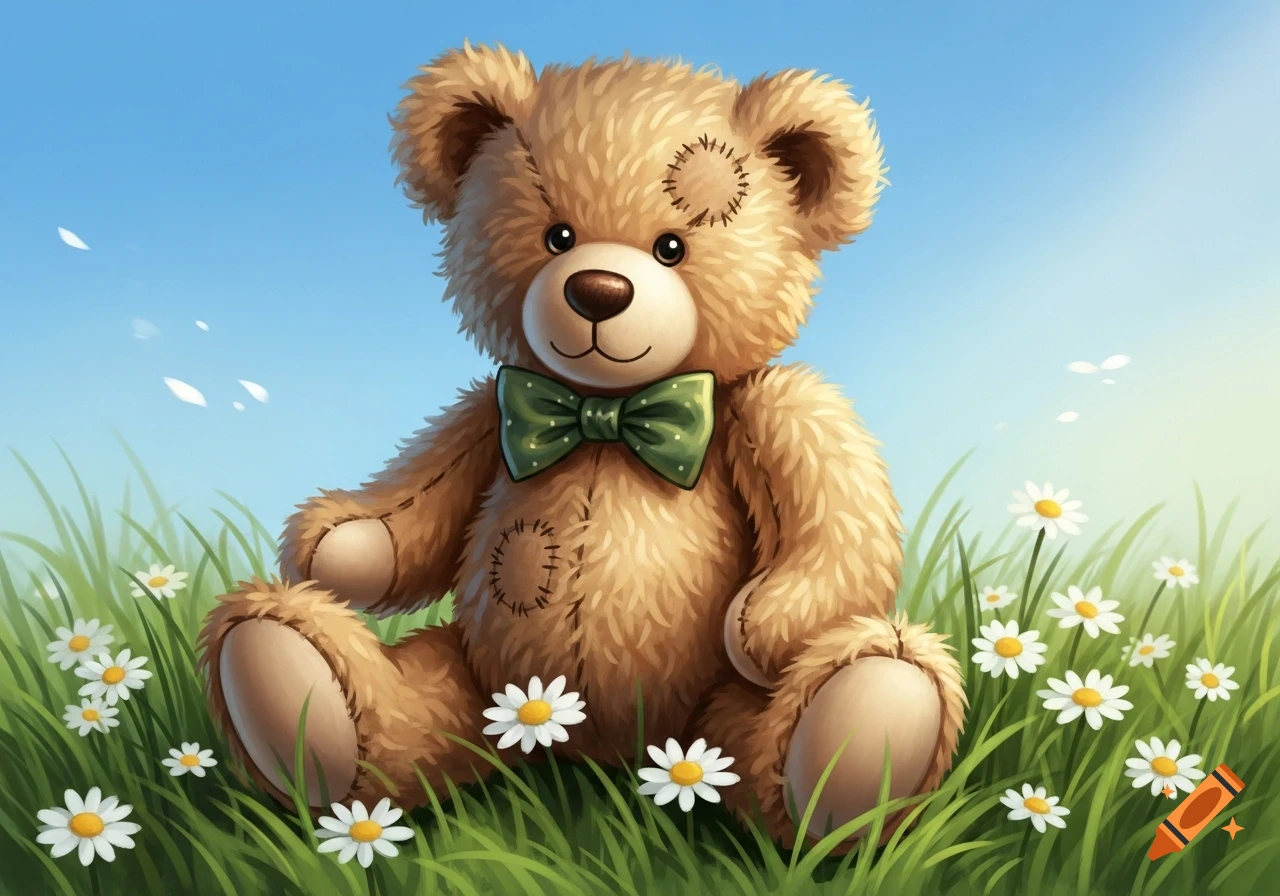 Charming illustration of a brown teddy bear with a green polka-dot bow tie, sitting in green grass among white daisies under a blue sky.