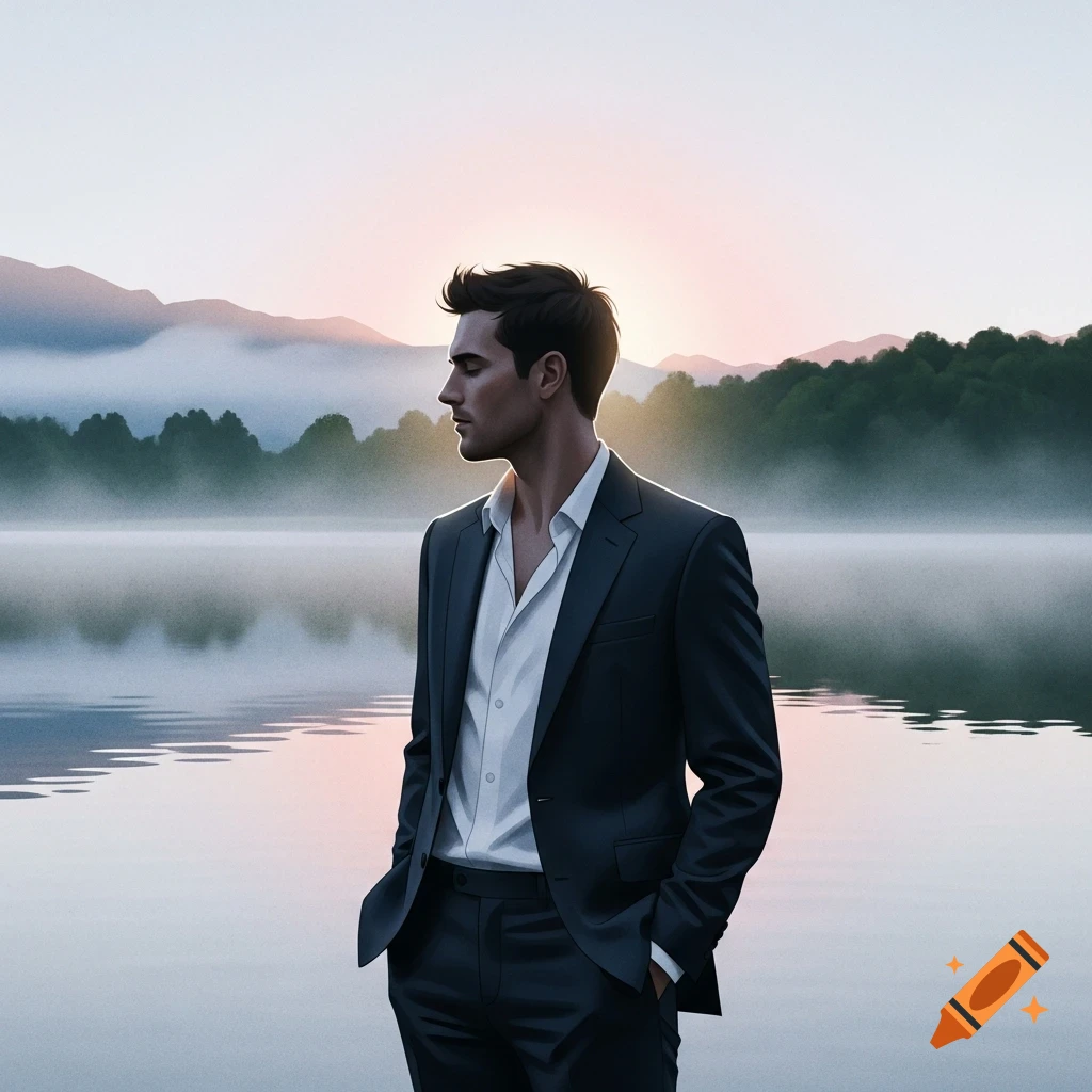 A man in a dark suit with an open white shirt stands by a tranquil lake with misty mountains at sunrise.