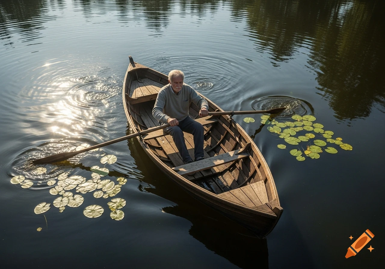 Photorealistic top-down view of an elderly man rowing an old wooden boat on calm water with lily pads.