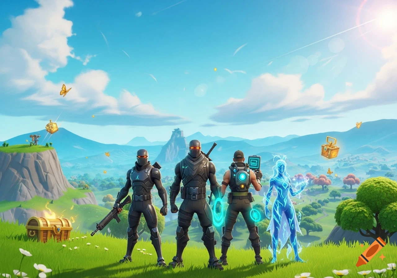 Fortnite characters, including ninjas and a glowing blue figure, stand on a grassy hill overlooking a fantasy landscape with mountains.