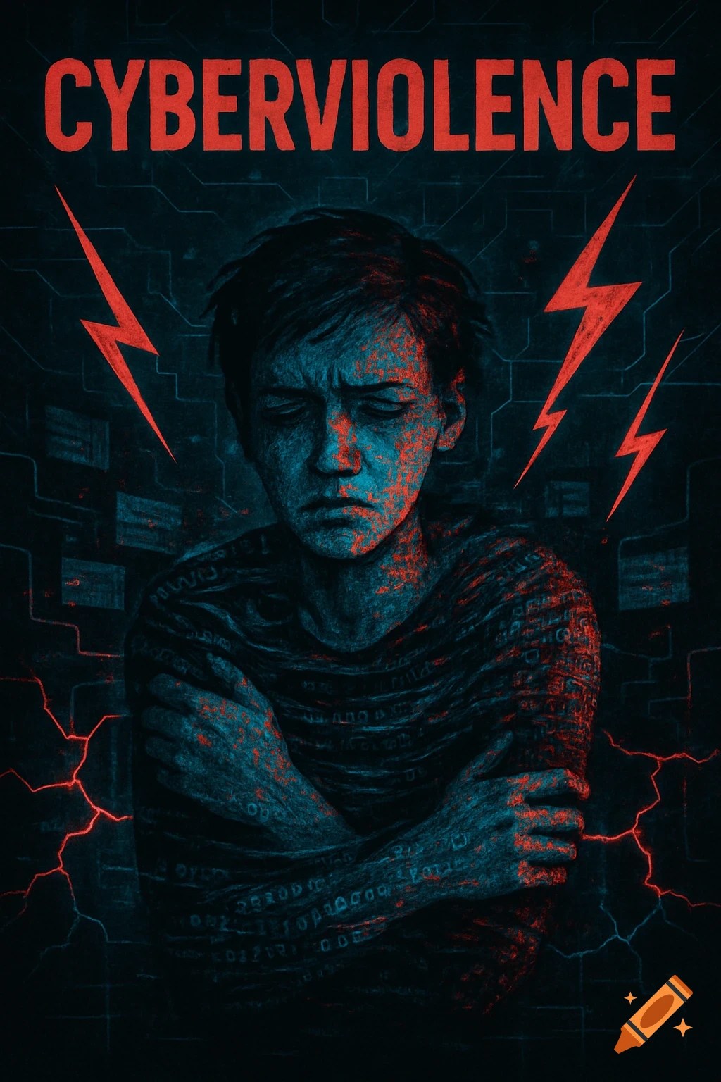 A stylized poster with a distressed person in dark blue and red tones, with 'CYBERVIOLENCE' at the top.