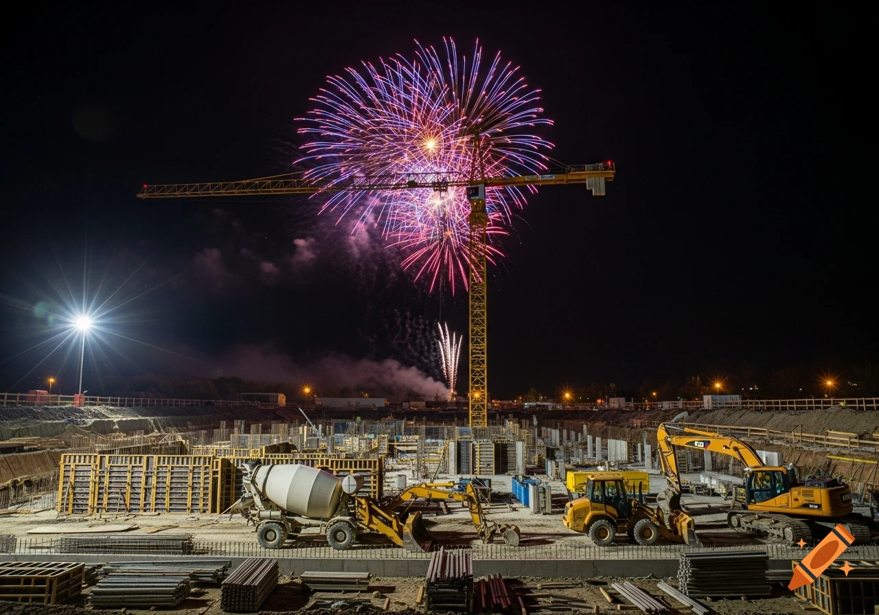Fireworks explode over a busy night construction site with a tall crane, excavators, and a cement mixer.