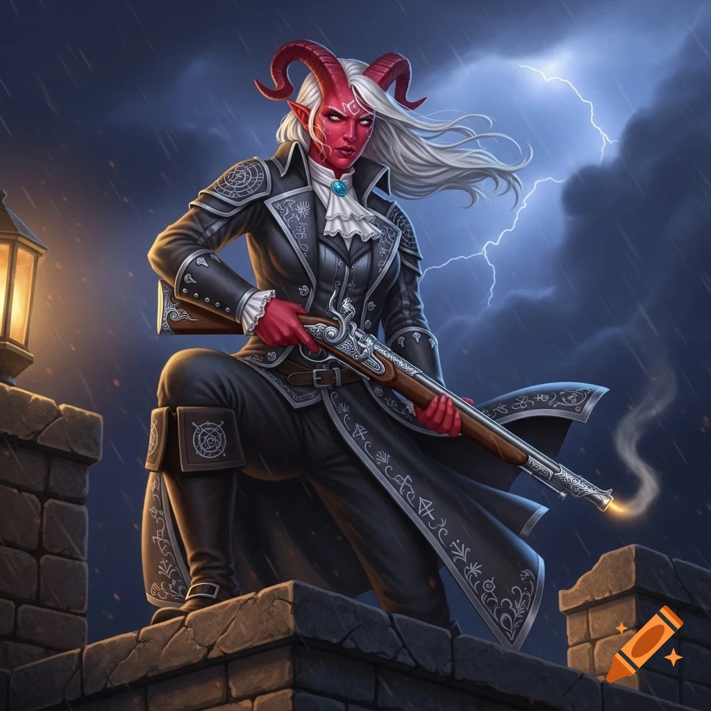 A red-skinned Tiefling with white hair and horns, dressed in a dark coat, kneels on a stone wall holding a musket under a stormy, lightning-filled sky.