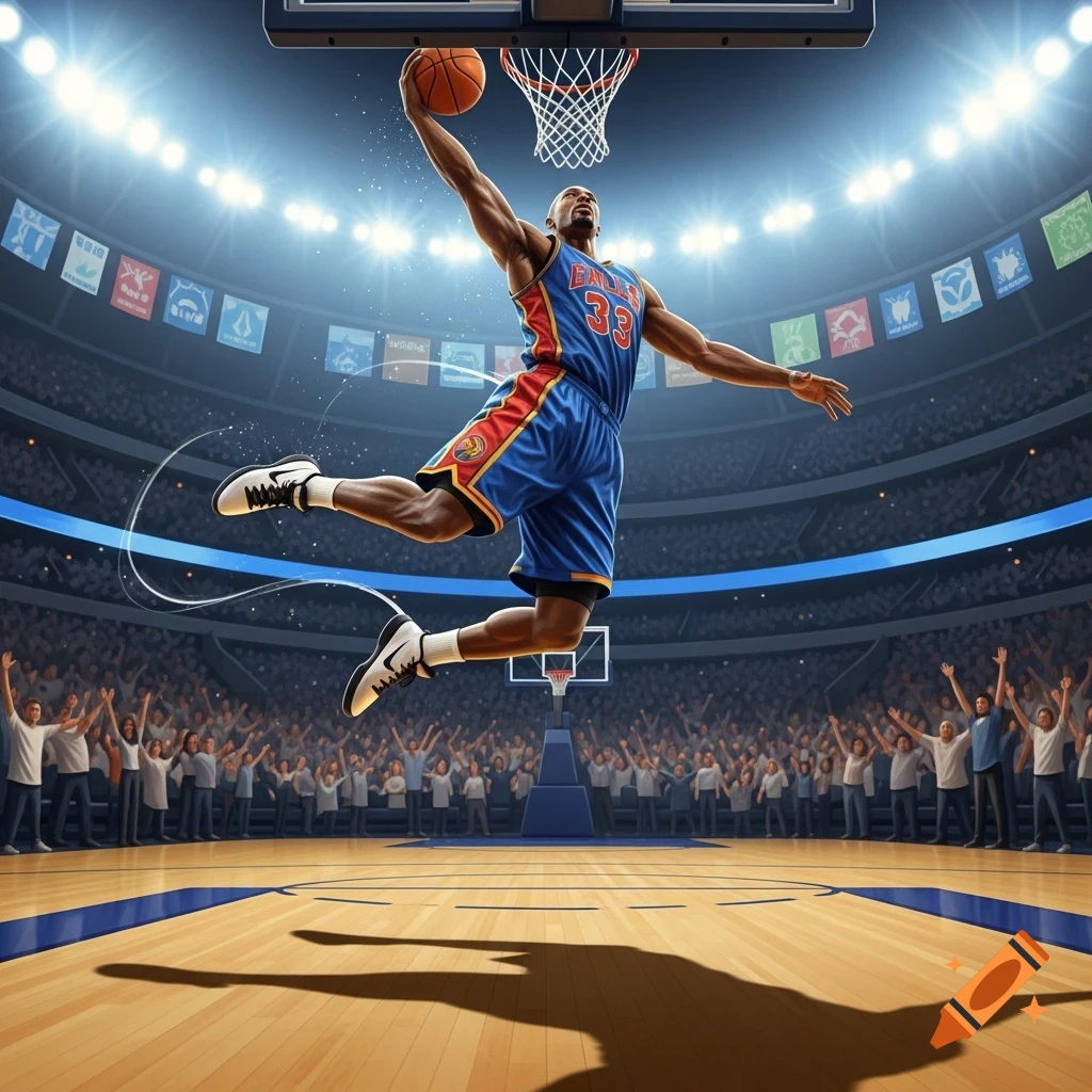 A muscular basketball player in a blue and red jersey dunks a ball in a brightly lit arena filled with cheering fans.