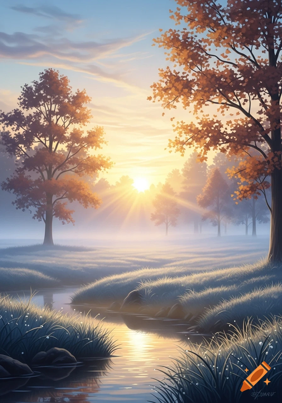 A vibrant digital painting of a misty forest landscape at sunrise, with ...