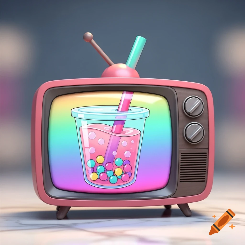 Cartoon pink retro TV displaying a colorful bubble tea with tapioca pearls and a straw.