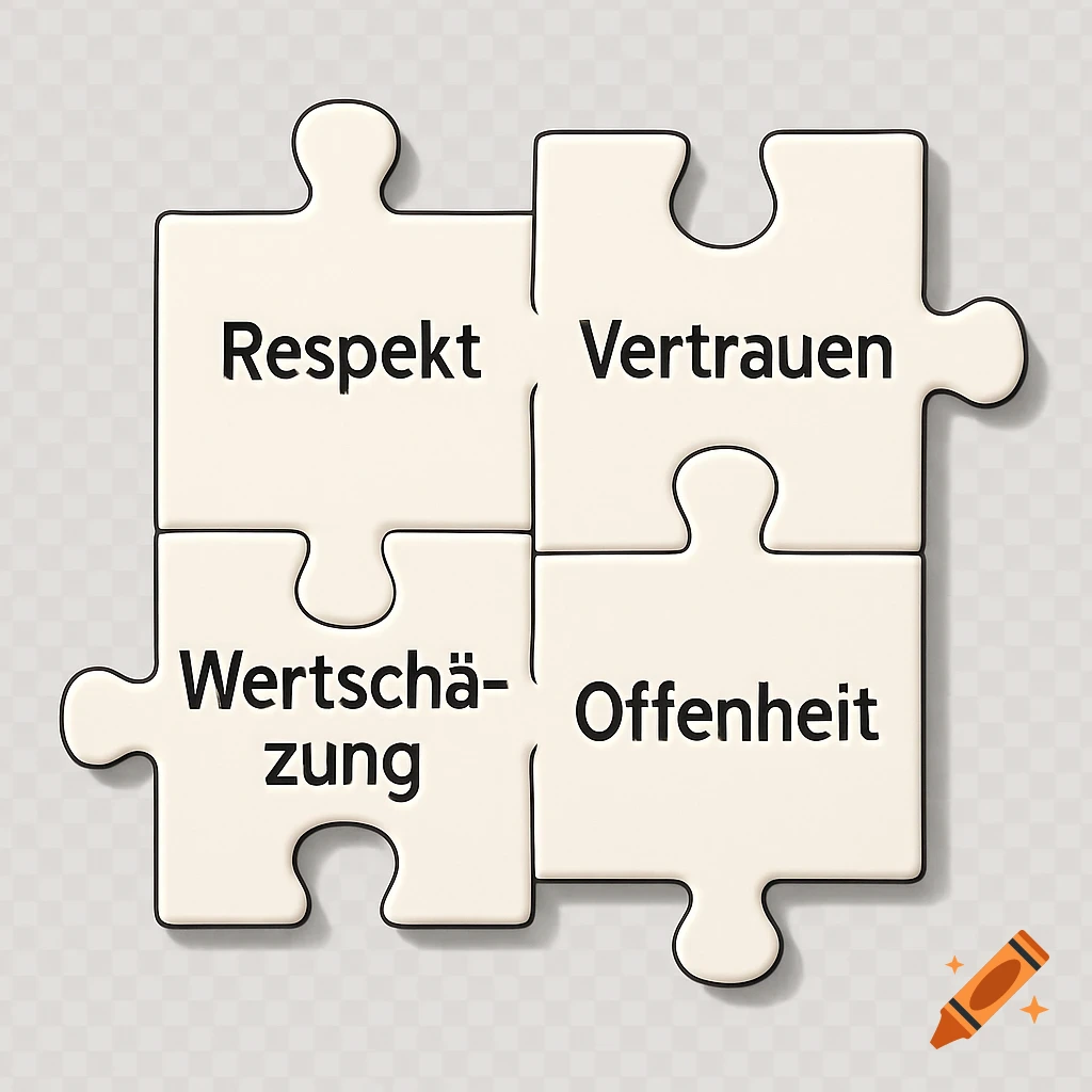 Four interlocked cream-colored puzzle pieces with the German words 'Respekt', 'Vertrauen', 'Wertschätzung', and 'Offenheit'.