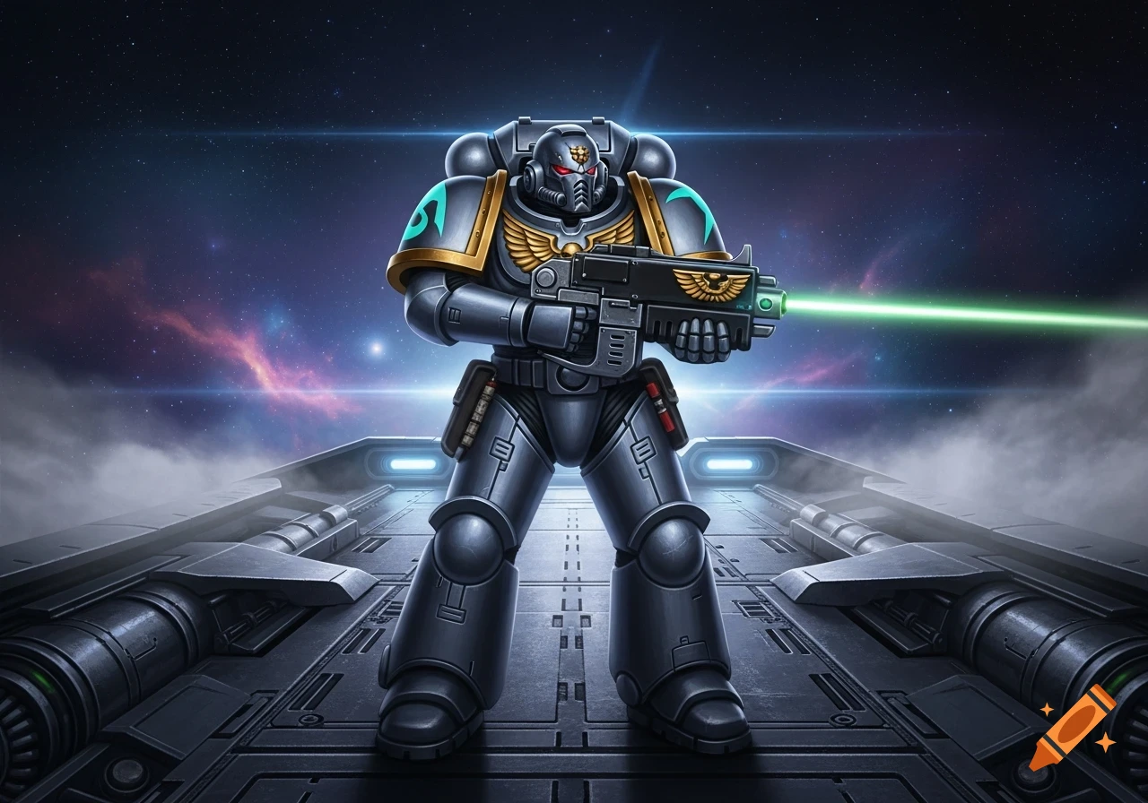 A detailed illustration of a grey Space Marine in power armor, holding a laser rifle with a green beam, standing on a spaceship deck in outer space.