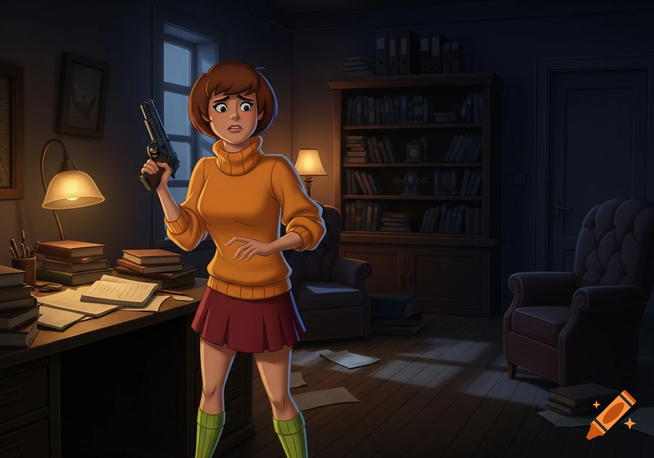 Cartoon Velma Dinkley nervously holds a gun in a dimly lit study with a desk and bookshelf.