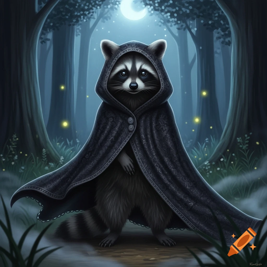 A charming raccoon in a dark, patterned cloak stands in a moonlit magical forest with glowing fireflies.