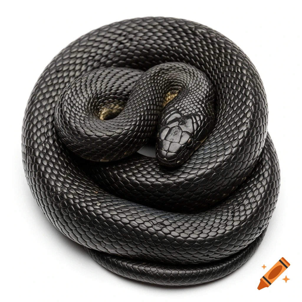 A black snake is tightly coiled, viewed from above, on a white background.
