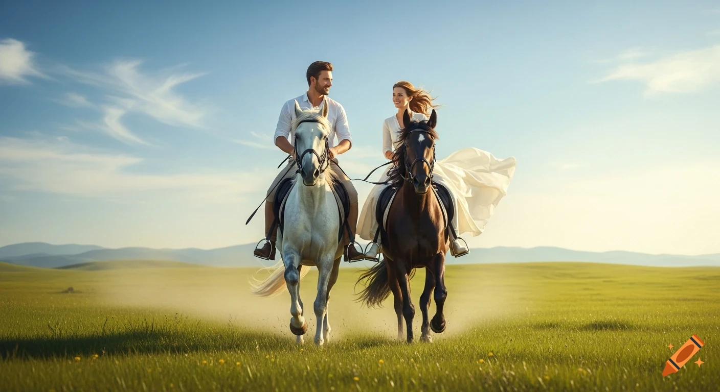 A couple on horseback gallop through a lush green meadow under a blue sky, smiling at each other.