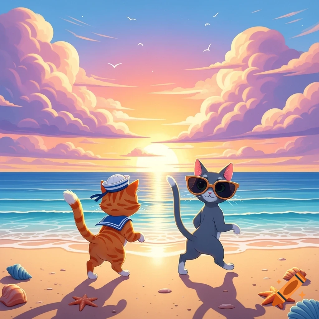 Two vibrant cartoon cats, one in a sailor hat and one in sunglasses ...