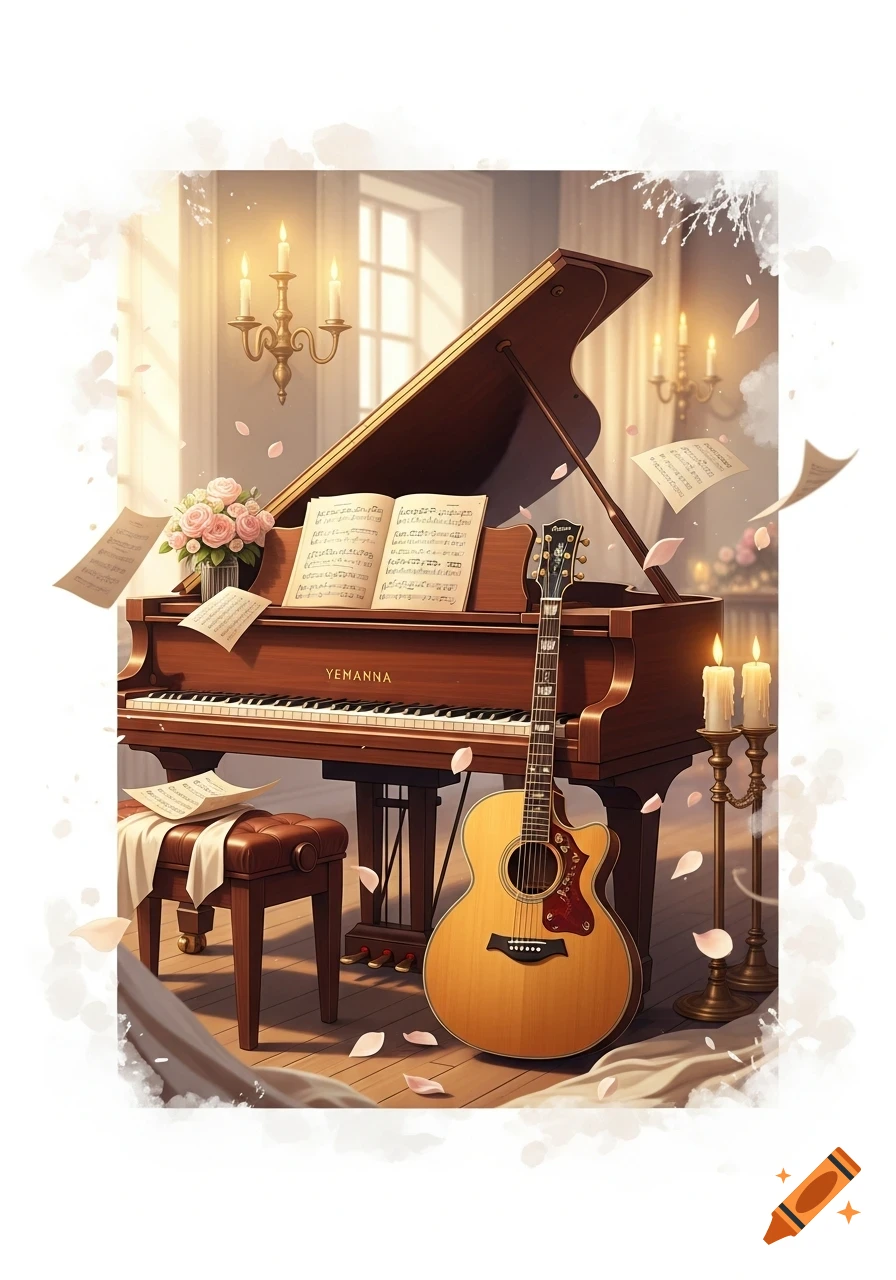 A grand piano with sheet music and pink roses, an acoustic guitar, and lit candles in a soft, romantic room with falling petals.