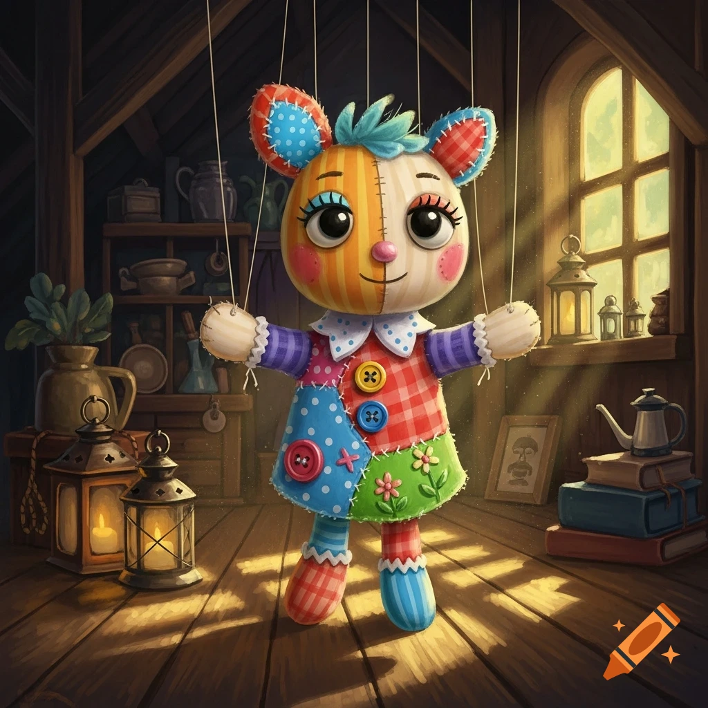 A cute, colorful patchwork puppet with big eyes stands in a rustic attic room bathed in sunbeams.